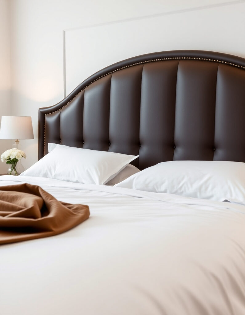Dark brown leather headboard in a bedroom.
