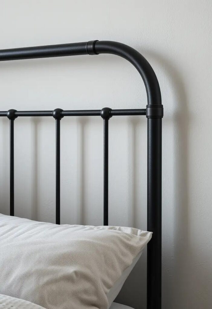 black metal headboard with vertical bars, placed against a light-colored wall in a bedroom.