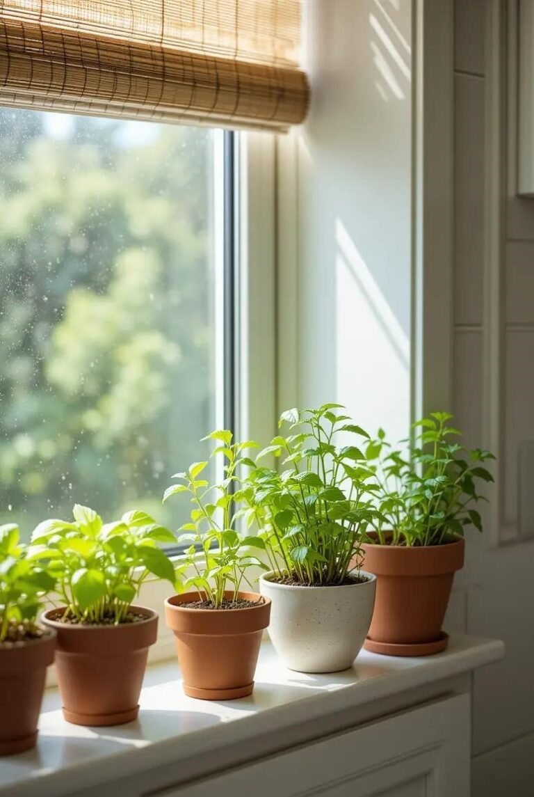 Mini herb garden on a kitchen windowsill.