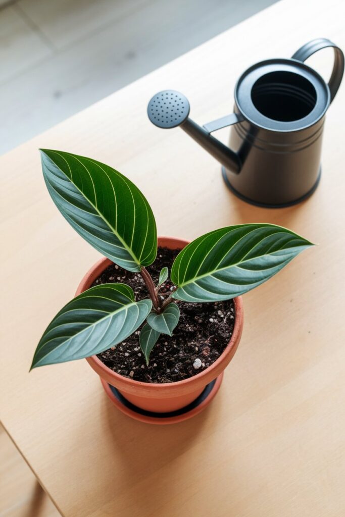 a healthy houseplant in a terra cotta pot.