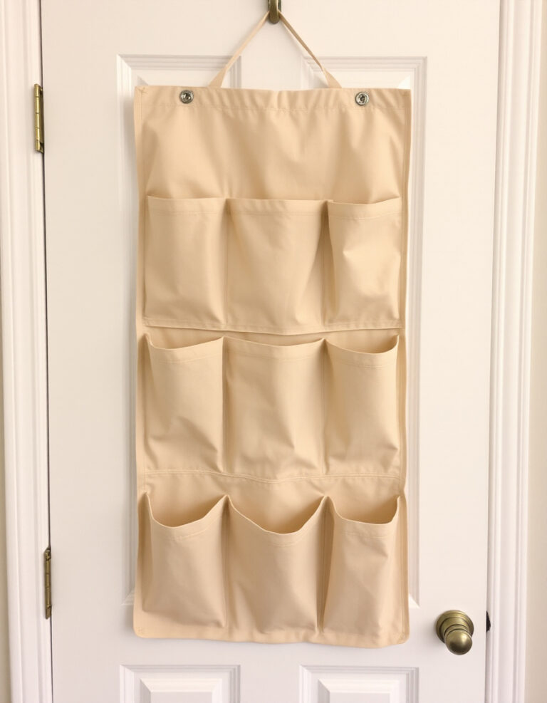 A neutral fabric organizer hanging over a white door.