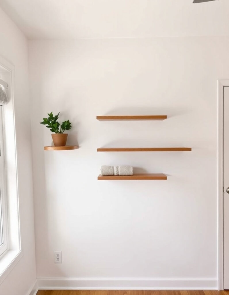 guest room wall with staggered wooden floating shelves.