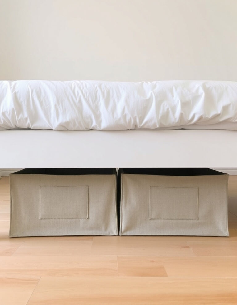 White bed with two closed fabric storage boxes neatly placed underneath on a light wooden floor.