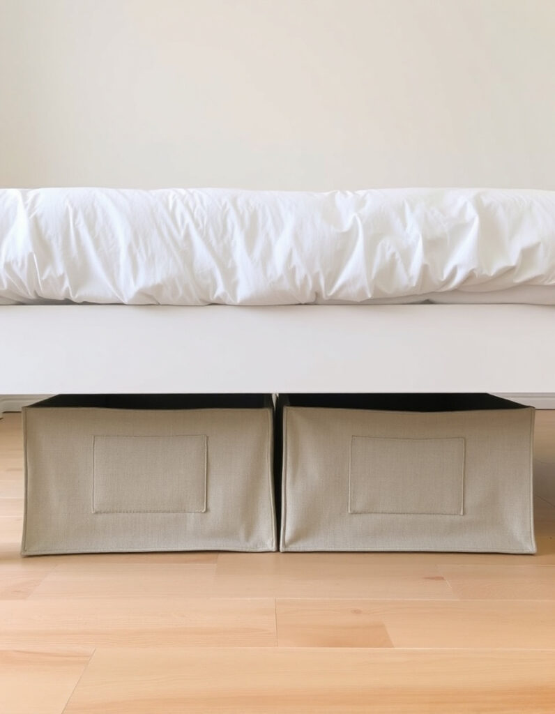 White bed with two closed fabric storage boxes neatly placed underneath on a light wooden floor.