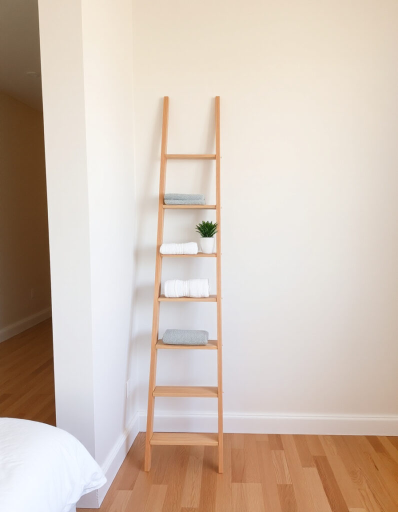 Light wooden ladder shelf leaning against a wall in a guest room