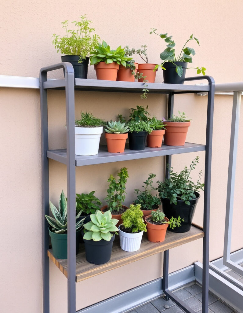 Outdoor plant shelf with a variety of pots in different sizes and textures.
