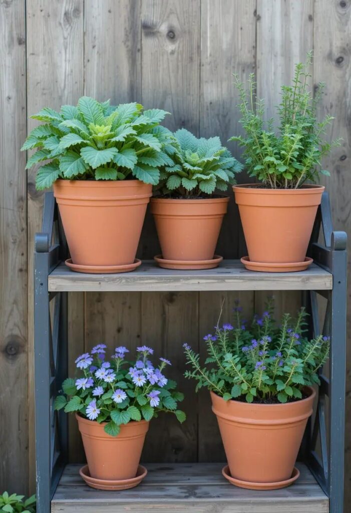 Outdoor plant shelf decorated featuring pots.