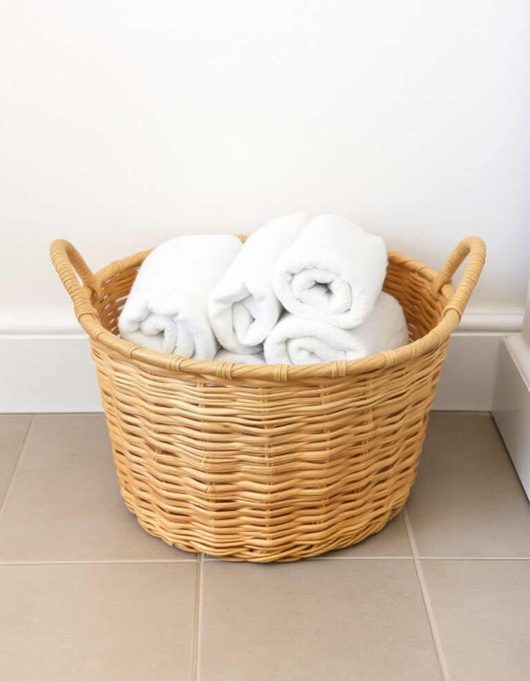 Woven basket on a bathroom floor filled with neatly rolled white towels.